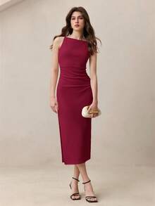 BizChic 春夏新款可调节肩带连衣裙，百搭实用，适合办公室、正式场合、优雅都市通勤、休闲场合，以及充满浪漫90年代复古风情的场合，例如派对、毕业典礼、日常穿着、婚礼宾客、伴娘、女主人、旅行、社交活动、音乐会、毕业典礼、早午餐、机场等。 - 中紫紅色 - 查看 1