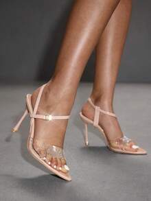 CUCCOO SZL Sandalias de tacón alto para mujer con puntera puntiaguda, tacón de aguja, transparentes con rhinestones, sexy y elegantes, con correa de tobillo para fiestas, banquetes y discotecas. Sandalias de tacón alto abiertas para primavera/verano - Beis - Ver 3