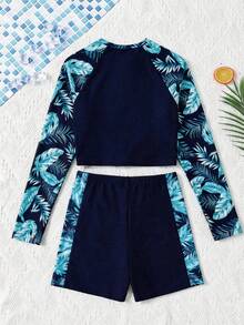 SHEIN Tween Girl Raglan Sleeve Tropical Plant Print Top And Shorts Swimwear Set - Navy Blue - View 4