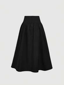 SHEIN MOD 女士纯色高腰百褶优雅半身裙 - 黑色 - 查看 4