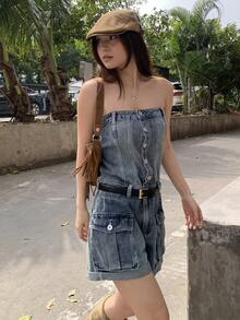 Women's Washed Denim Jumpsuit, Casual Street Music Festival Tube Top Overalls Y2k Summer - Medium Wash - View 3