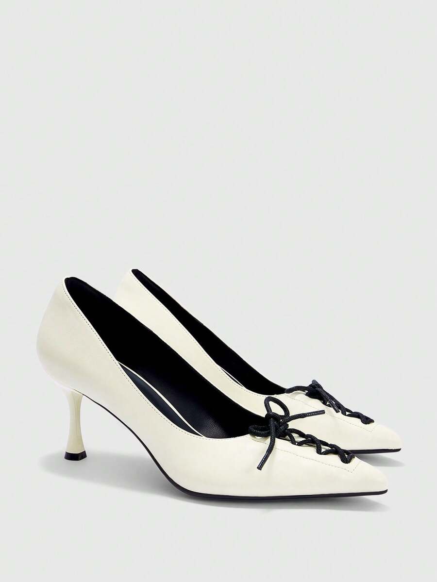 CUCCOO BIZCHIC Escarpins à talon fin et bout pointu ivoire avec nœud papillon, élégants et à la mode pour le travail et les déplacements - Beige - Voir 1