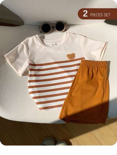 Baby Boy Casual Fashionable Simple T-Shirt Set, Featuring A Black And White Striped Bear Print Crew Neck Short-Sleeved T-Shirt And Matching Shorts, A Toddler Outdoor Set.