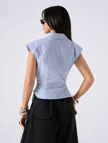 LYSMO Áo sơ mi nữ cổ bèo tay bồng kẻ caro kiểu dáng thường ngày - Màu xanh Ô liu - Xem 2