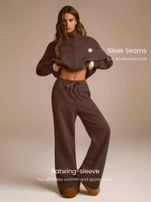 GLOWMODE 日常羊毛保暖轻薄柔软保暖轻盈前后缝线细节口袋蝙蝠袖高领全拉链夹克秋冬日常休闲 - 棕色 - 查看 4