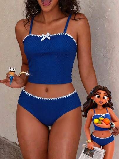 SHEIN 少女吊带比基尼上衣，蓝白撞色针织提花