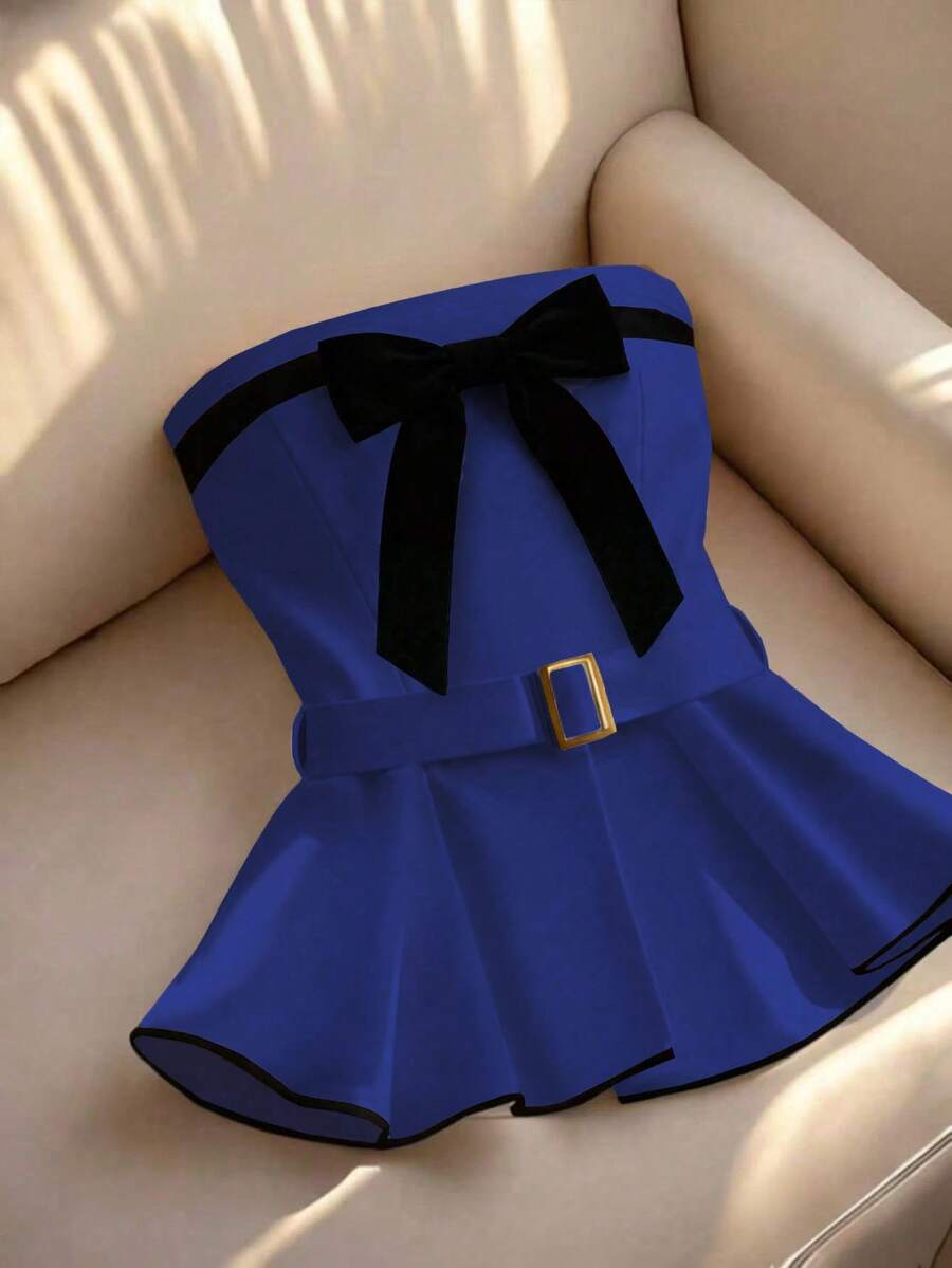 Franclia 女士白色黑色蝴蝶结前襟裹身式喇叭休闲衬衫，适合日常穿着、通勤、下午茶和约会。蝴蝶结连衣裙，女士上衣，女士连衣裙，蝴蝶结连衣裙 - 彩色 - 查看 1