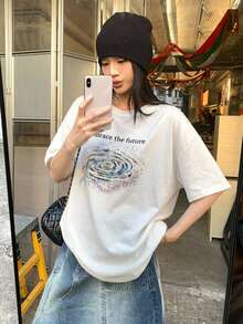 DAZY 女士圆领韩版印花短袖T恤，夏季 - 白色 - 查看 5