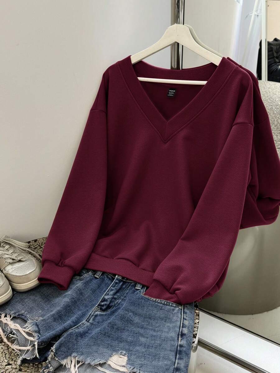 SHEIN EZwear 女式超大V领宽松休闲卫衣,酒红色,适合秋冬季 - 中紫紅色 - 查看 1