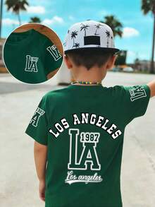 男童短袖圆领T恤，字母印花，橄榄绿，街头风，百搭春夏时尚单品 - 墨綠色 - 查看 4