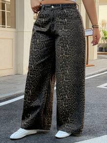 Dazy Plus Plus Size Women Leopard Print Pocket Button Washed Casual Versatile Wide Leg Jeans - Khaki - View 3
