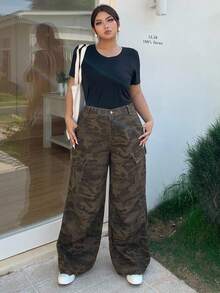 Dazy Plus Camo Print Loose Wide Leg Long Casual Jeans, Street Style, All Season - Army Green - View 7