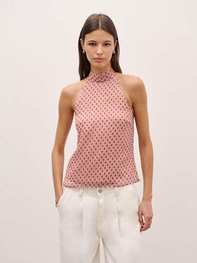 Nöista Halter Top Sleeveless In A Lightweight Woven Fabric With An Allover Dot Motif. Perfect For Day-To-Night Looks, Spring, Music Festival, Music Festival, Holidays Outfit, Beachwear, Women Vacay.