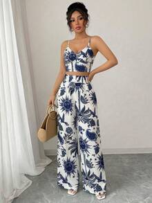 SHEIN Holidaya Women's Navy And White Palm Tree Digital Print 2-Piece Set,Boho Summer Vacation Holiday Outfits,Casual Beach 2 Piece Outfits,Elegant Chic Street Style - Blue and White - View 6