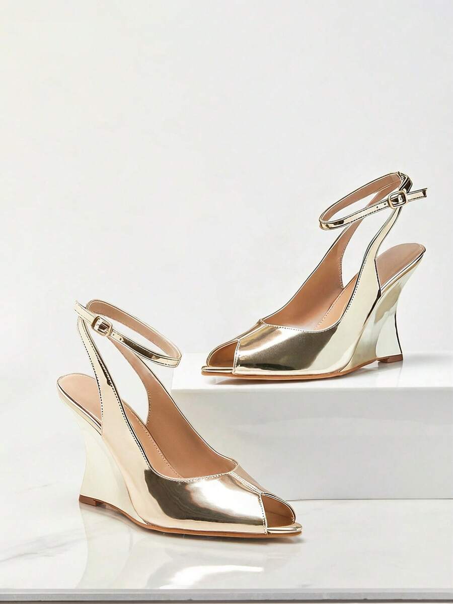 SHUZIA Ladies Peep Toe Ankle Strap Wedge Sandals - Gold - View 1