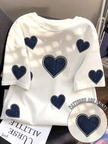 SHEIN Camiseta ajustada casual con estampado de corazón oscuro para mujer - Blanco - Ver 1