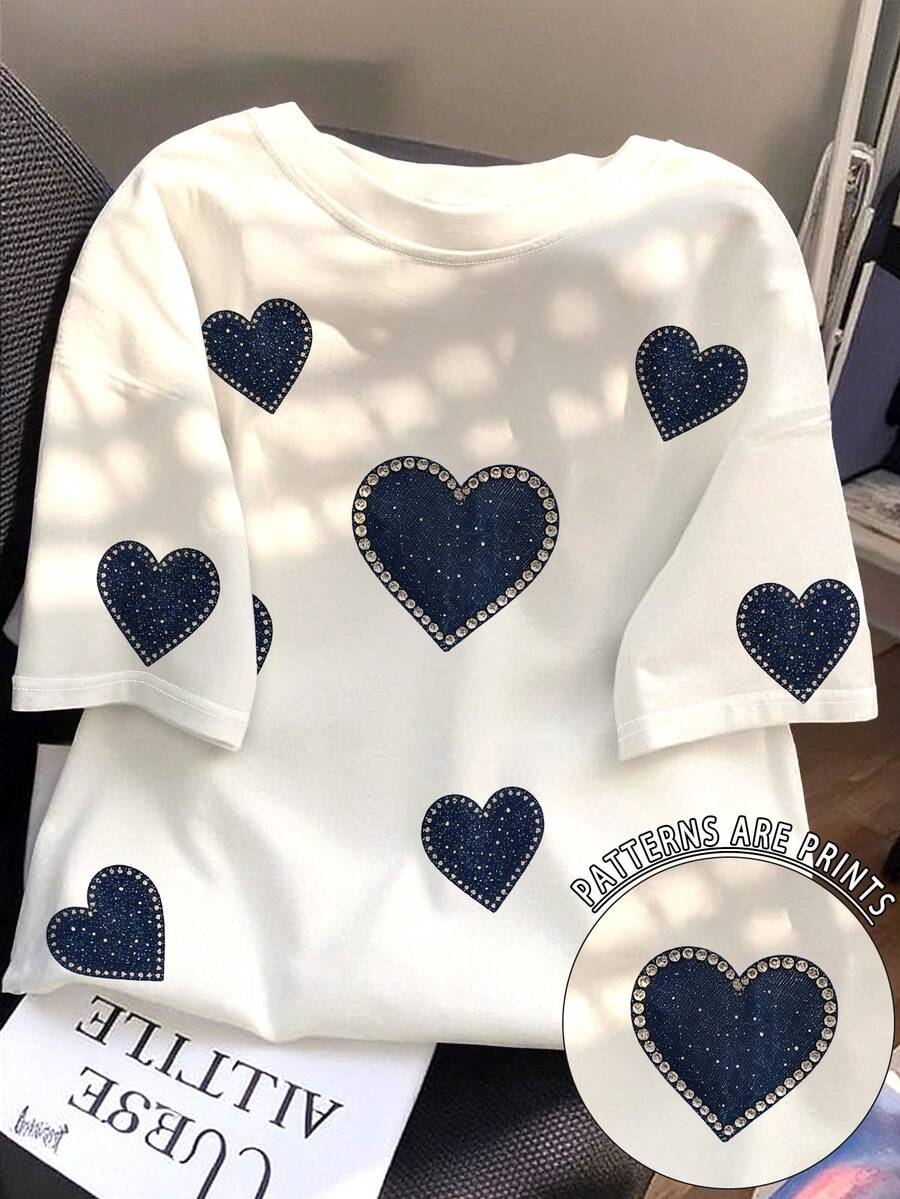 SHEIN Camiseta ajustada casual con estampado de corazón oscuro para mujer - Blanco - Ver 1