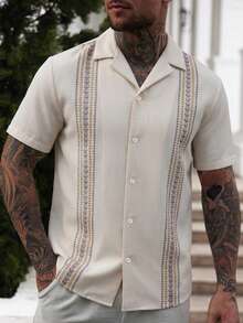 VENTUSAIL Top d'été bohème beige pour hommes avec imprimé de vacances, chemise à rayures en tissu tissé avec boutons, confortable, décontracté, formel, pour le bureau et les vacances - Multicolore - Voir 1