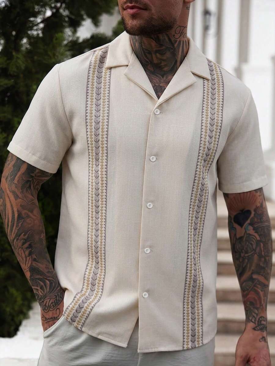VENTUSAIL Top d'été bohème beige pour hommes avec imprimé de vacances, chemise à rayures en tissu tissé avec boutons, confortable, décontracté, formel, pour le bureau et les vacances - Multicolore - Voir 1