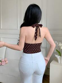 Celisse Elegant French Polka Dot Backless Halter Neck Ruffle Hem Camisole - Multicolor - View 2