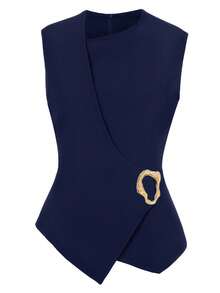 GlowEve CURVE Plus Size Women Metal Decor Fashionable Versatile Commuting Blazer Vest - Navy Blue - View 1