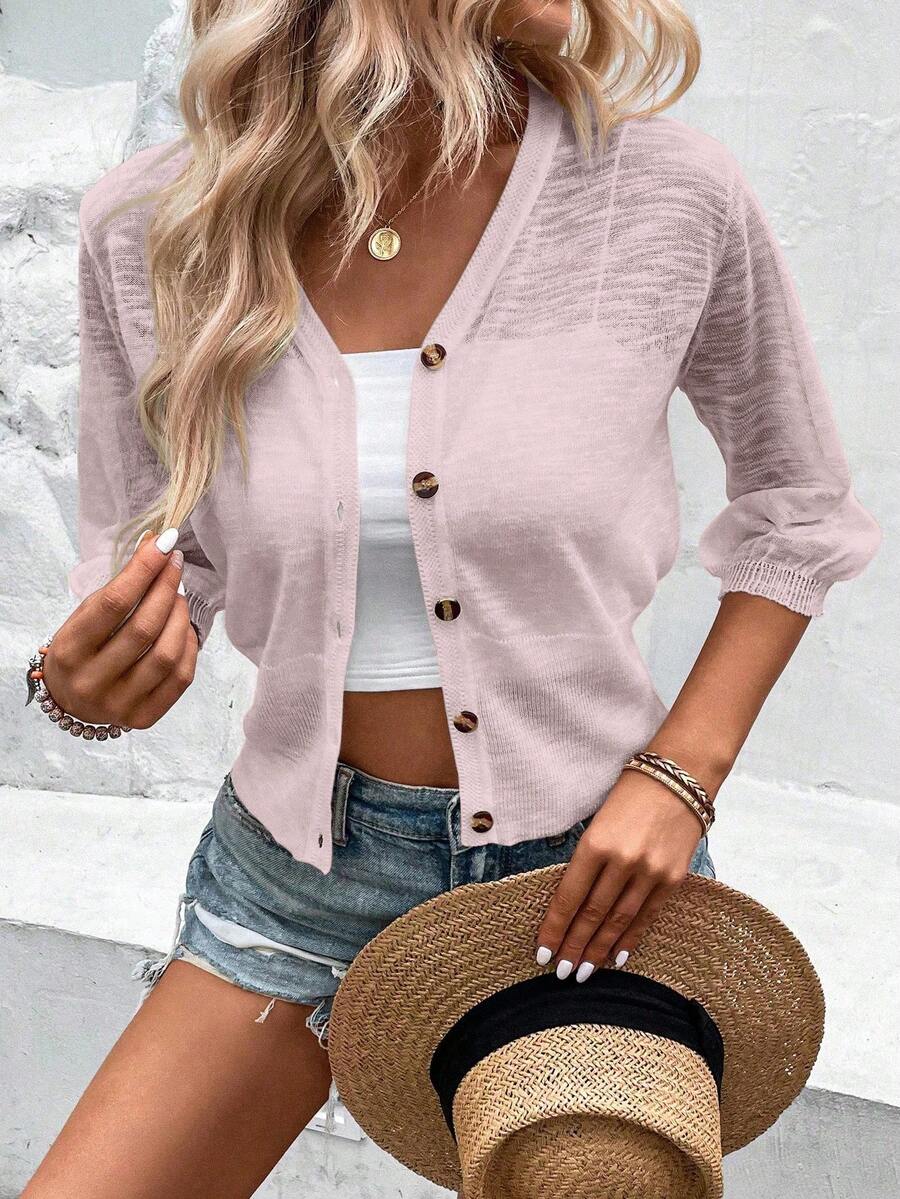 EMERY ROSE Cárdigan de unicolor semitransparente casual para vacaciones - Rosa vieja - Ver 1