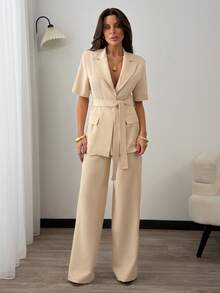 Belted Detailed Blazer And Wide Leg Pant Suit Sets - Beige - View 5