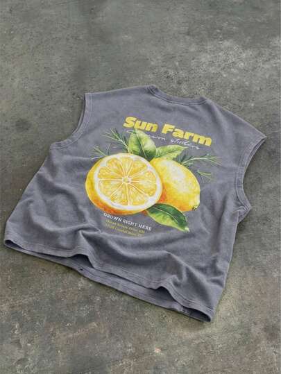 SUMWON Men's Crop Fit Tank Top With Vintage Lemon Sun Farm Tropical Fruit Graphics Print Sleeveless Summer Tee