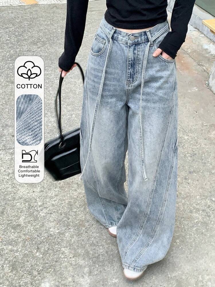 Women's Washed Tie-Up Casual Denim Jeans, Autumn/Winter Street Style