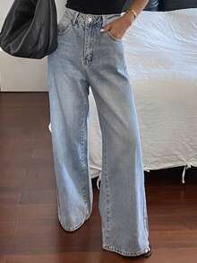 Livesso Quần jeans nữ dáng rộng, thoải mái, kiểu vintage, ống đứng, thích hợp cho mùa xuân, hè, công sở, dạo phố, lễ hội âm nhạc, kỳ nghỉ. - Rửa trung bình - Xem 2