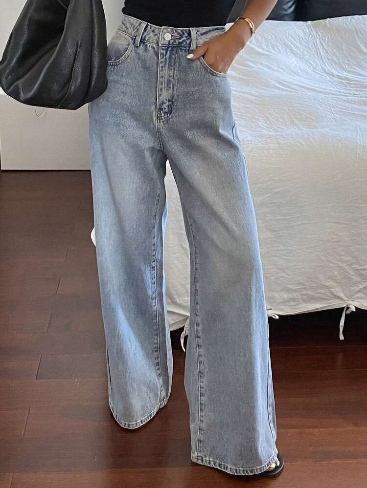 Women's High Waist Pockets Wide Leg Loose Casual Jeans