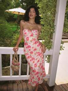 KARISMINA 女士休闲优雅浪漫沙滩日常弹力扭结印花连衣裙，春夏款 - 粉色 - 查看 8