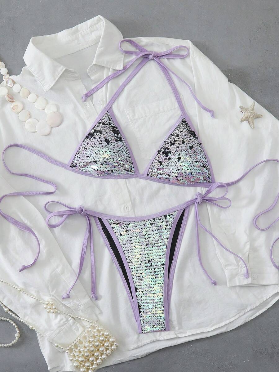 SHEIN Swim 变色炫彩紫色亮片性感派对泳装两件套,女士沙滩度假泳装亮片比基尼闪亮比基尼亮片泳衣亮片比基尼闪亮泳衣闪钻比基尼水钻泳衣 - 彩色 - 查看 1