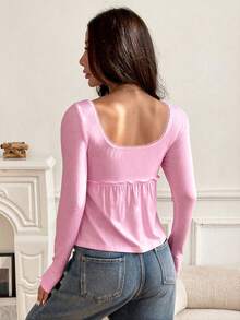 SHEIN EZwear Áo thun cổ vuông màu hồng cỡ lớn dành cho nữ, mùa xuân/hè - Hồng - Xem 2