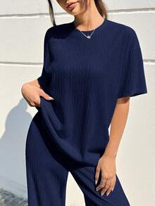 SHEIN EZwear 海军蓝休闲宽松两件套 - 大码女装上衣和裤子 - 藏蓝色 - 查看 8