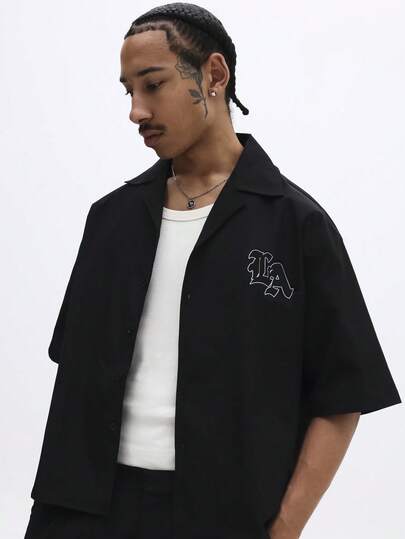 SUMWON Gothic Letter Print Oversized Short Sleeve Button Down Collar Shirt Casual Daily Wear Streetwear Style