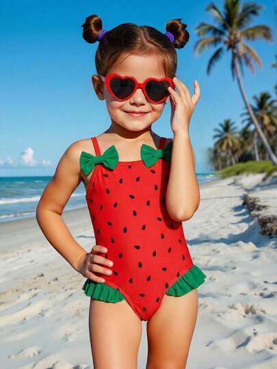 Traje de baño de una pieza con estampado de sandía y decoración de lazo para niña