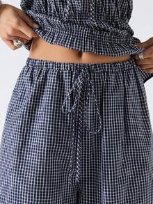 LYSMO Bộ đồ nữ thường ngày kẻ caro gồm áo quây và quần, thích hợp cho mùa hè. - Màu xanh hải quân - Xem 7