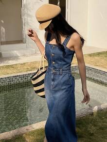 DAZY Đầm yếm thắt eo cho nữ, đầm denim maxi thanh lịch và giản dị. - Rửa trung bình - Xem 5
