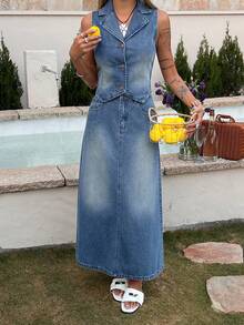 DAZY 女士牛仔背心上衣和宽松长款牛仔裙度假风两件套 - 中等水洗藍 - 查看 7