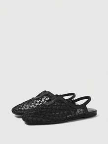 Sleekvia 女士精致镂空网面露跟平底鞋，时尚舒适方头优雅平底鞋 - 黑色 - 查看 1