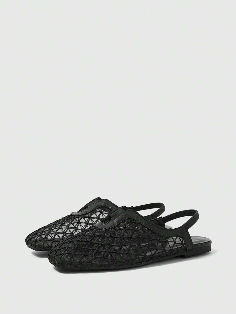 Sleekvia 女士精致镂空网面露跟平底鞋，时尚舒适方头优雅平底鞋 - 黑色 - 查看 1