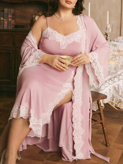 Côtesoire Southern France Mature Elegant Contrast Color Lace Camisole Dress & Robe 2 Pieces Set, Plus Size