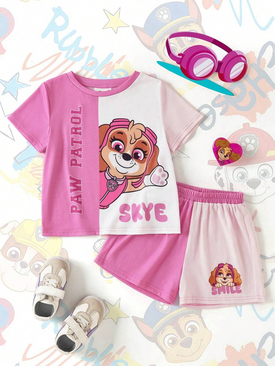 SHEIN | PAW Patrol Conjunto de camiseta de verano casual con cuello redondo, manga corta y estampado lindo para niñas - Rosa - Ver 1