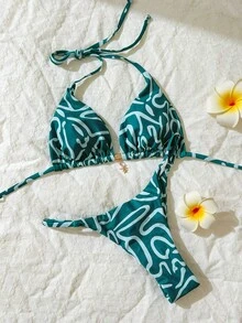 Elavelle 春假女士纯色吊带性感比基尼泳衣套装 - 彩色 - 查看 6