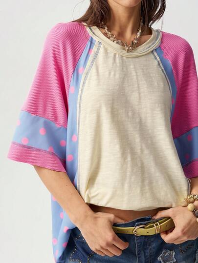 Bohemela 女士休闲针织拼接圆领宽松短袖T恤