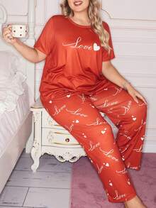 Slumberry CURVE Cute Ins Contrast Color Valentine's Day Love Print Loose Comfortable Black Plus Size Pajama Set - Red - View 4