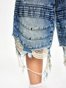 ROMWE Grunge Punk Distressed Patchwork Low Waist Oversized Denim Bermuda Shorts - Blue - View 6