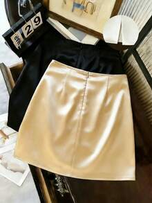 Eryvara 女士休闲通勤优雅时尚年轻简约百搭系带松紧腰半身裙，春夏款 - 香檳色 - 查看 2