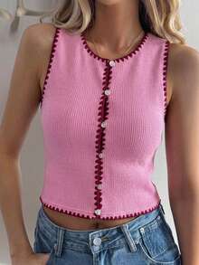 Livesso Women's Floral Trim Single-Breasted Round Neck Sleeveless Tank Top - Pink - View 6